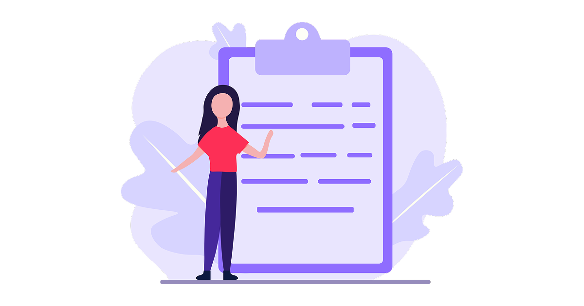 Woman points to clipboard with non-descript writing