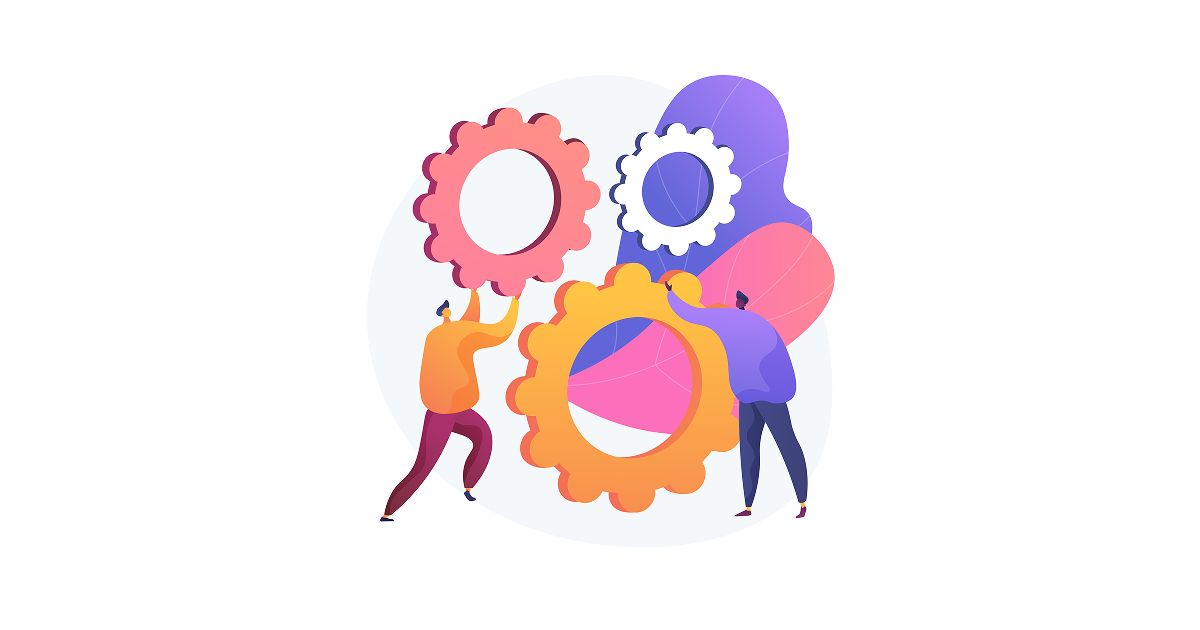 Illustration of two people spinning or aligning gears together