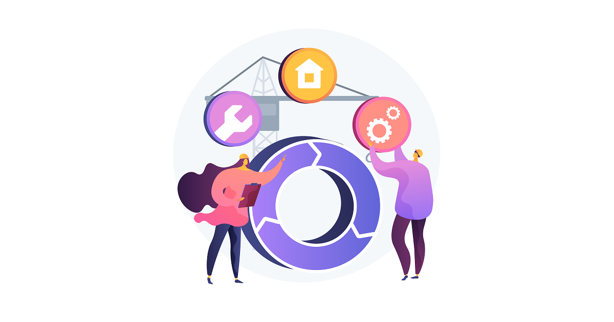 Illustration of a man and a woman designing or building a structure with tools