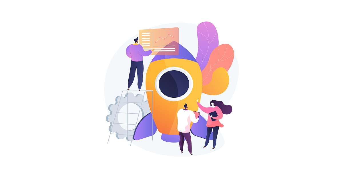 Illustration of three people working on designing a process to launch a spacecraft