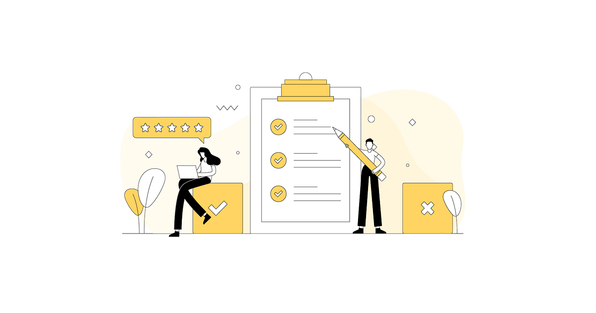 Illustration of a man taking a survey and a woman providing a testimonial