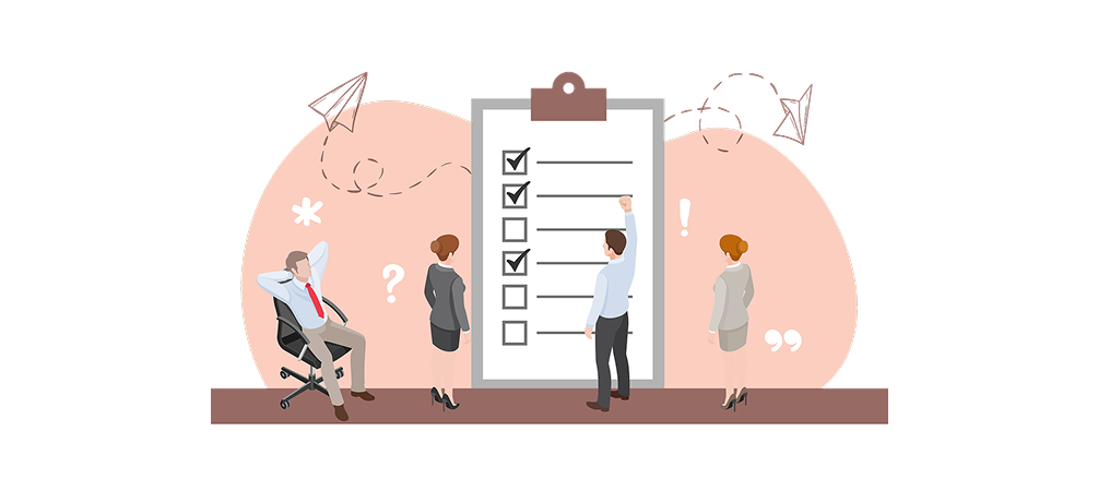 Four people working through a checklist