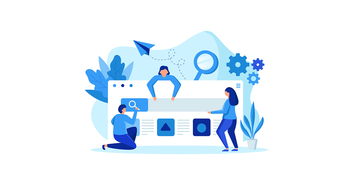Illustration of analytics and search graphics and people
