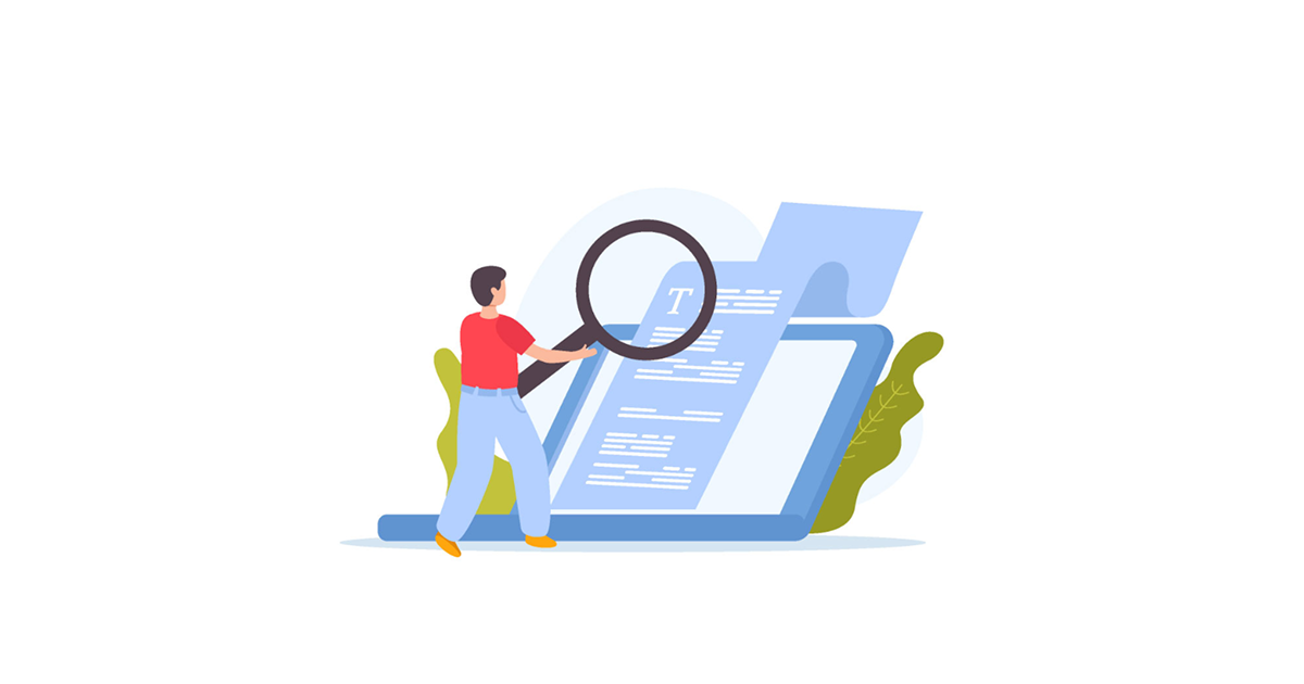 Illustration of a person with a magnifying glass testing a page 