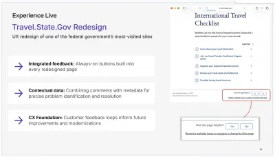 Presentation slide shows how integrated feedback, contextual data, and a customer experience foundation helped in the UX redesign of travel.state.gov.