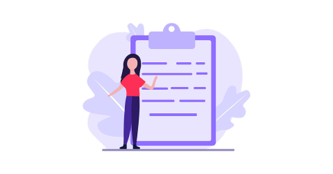 Woman points to clipboard with non-descript writing