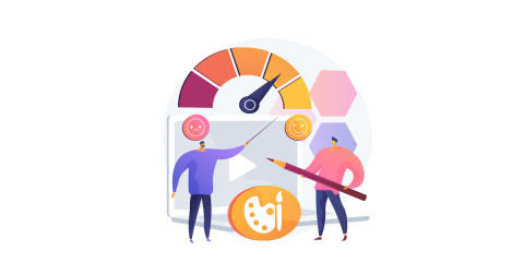 Illustration of two people pointing at a gauge that measures customer satisfaction