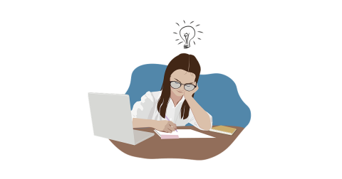 Illustration of a person writing at a desk.