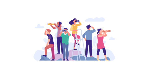 Six people with binoculars look in different directions
