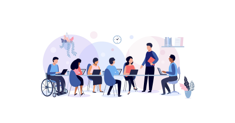 Illustration of seven people in a meeting in office. One is standing, six, using laptops, are seated at a conference table. One employee is in a wheelchair.