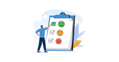 Man points to clipboard illustration with customer satisfaction survey