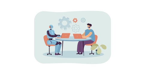Illustration of a human and a robot working together at a table