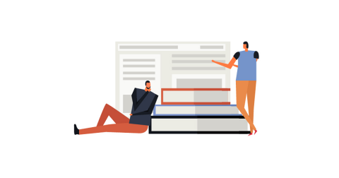 Illustration of 2 people exploring ideas next to books