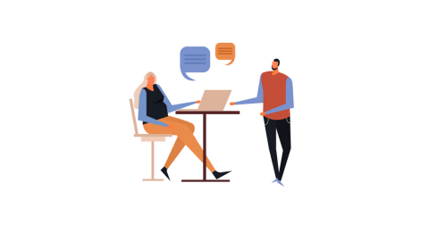Illustration of a woman and men working together to design solutions