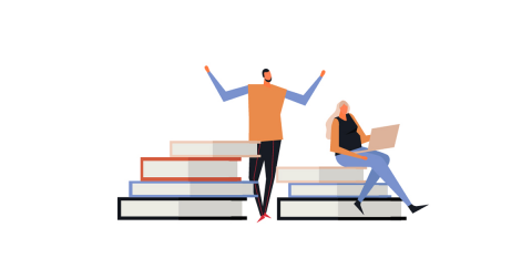 Illustration of 2 people siting on books and holding a computer